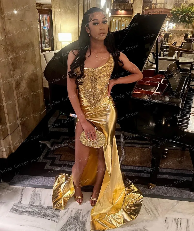 One Shoulder Golden Appliques Satin Dress With Slit Floor Length Elegang Mermaid Dresses Custom Made Women Clothing Free Shippin