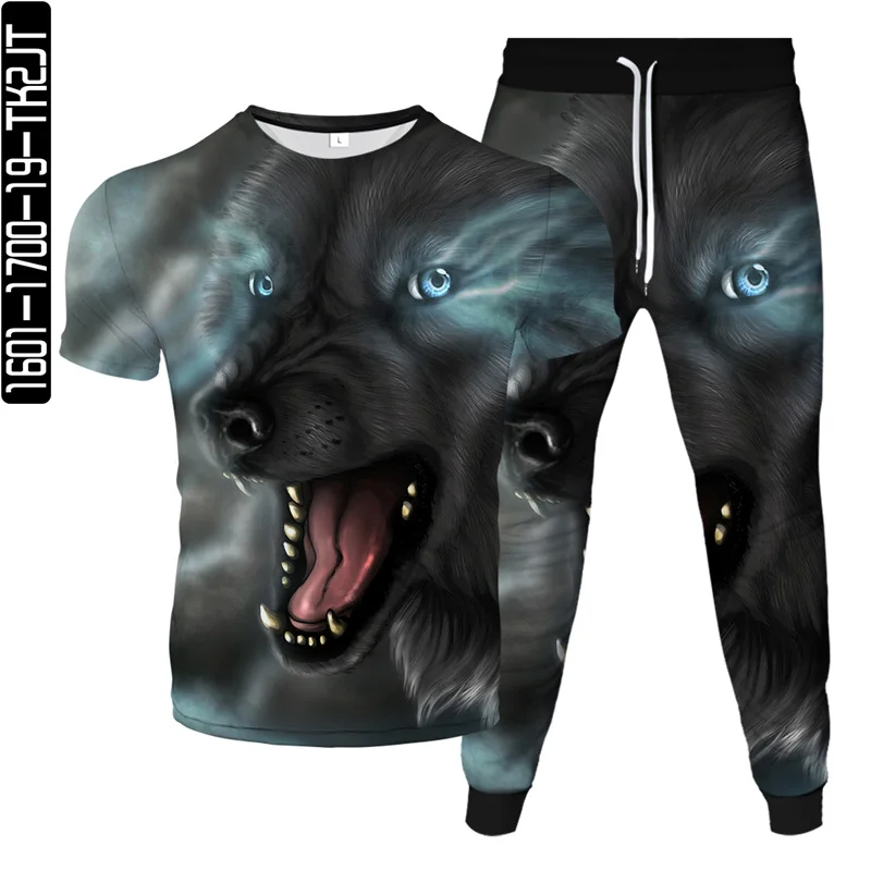 Men's Oversized T Shirt+Pants Sets Harajuku Animal Wolf Print Two Pieces Male Tracksuit Clothing Short Sleeve Trousers Suits 6XL