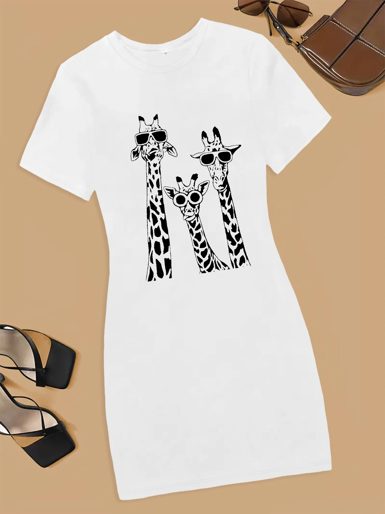 Funny Giraffes Print T shirt Slim Short Dress Women Fashion Casual Versatile O neck Short Sleeve Sports Dress