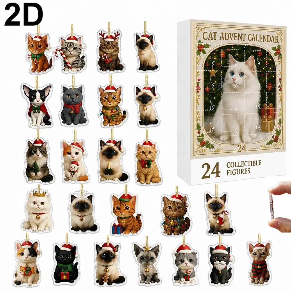 2026 Christmas Advent Calendar 24 Days Cat Pendants 2D Acrylic Hanging Ornaments for Cat Lovers Home Christmas Tree Decorations