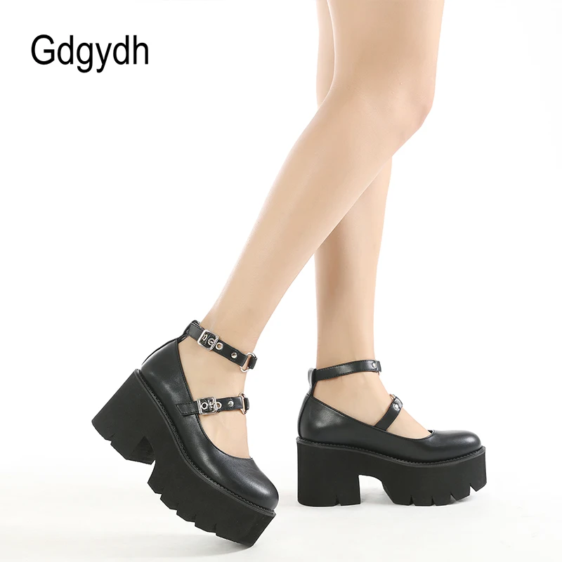 Gdgydh Block Heel Shoes Women Buckle Platform Black Gothic Cosplay Lolita Mary Janes Pumps Shoes Sweet Spring Summer Big Size