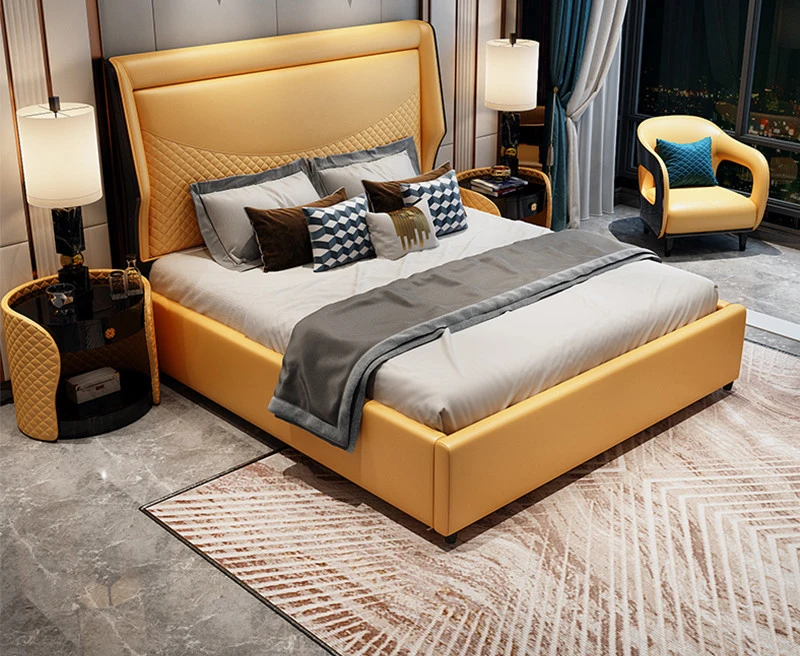 Leather Beds Luxury Metal Modern Furniture High Back Wood Frame Double Bed Designs King Size Bed image 4