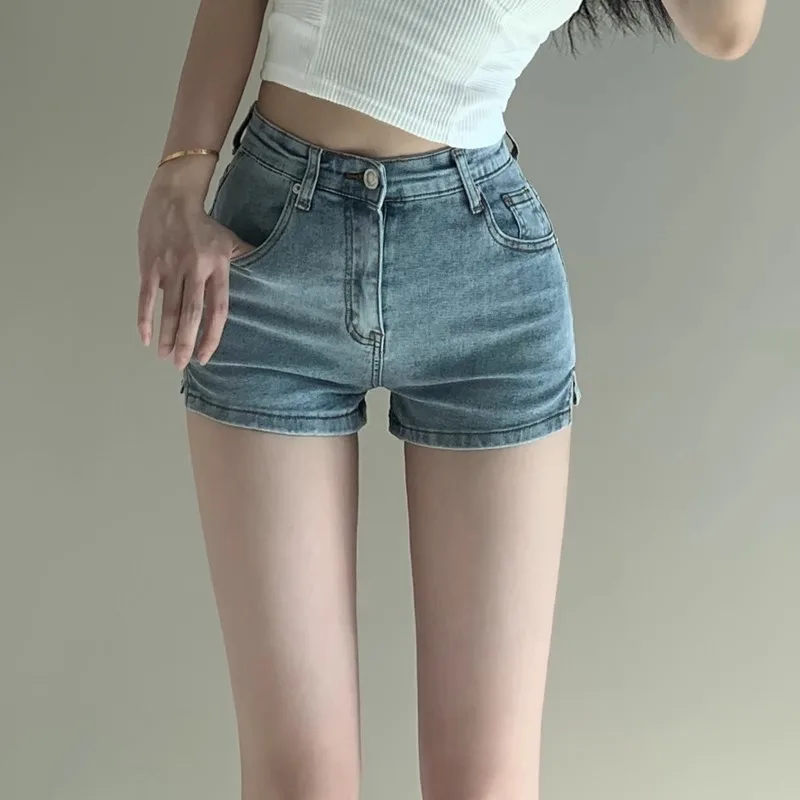 

Hot Short Jeans High Waist Super Short Women's Elastic Summer Thin Denim Straight Leg Blue Color Tight Fit Hot Pants Shorts