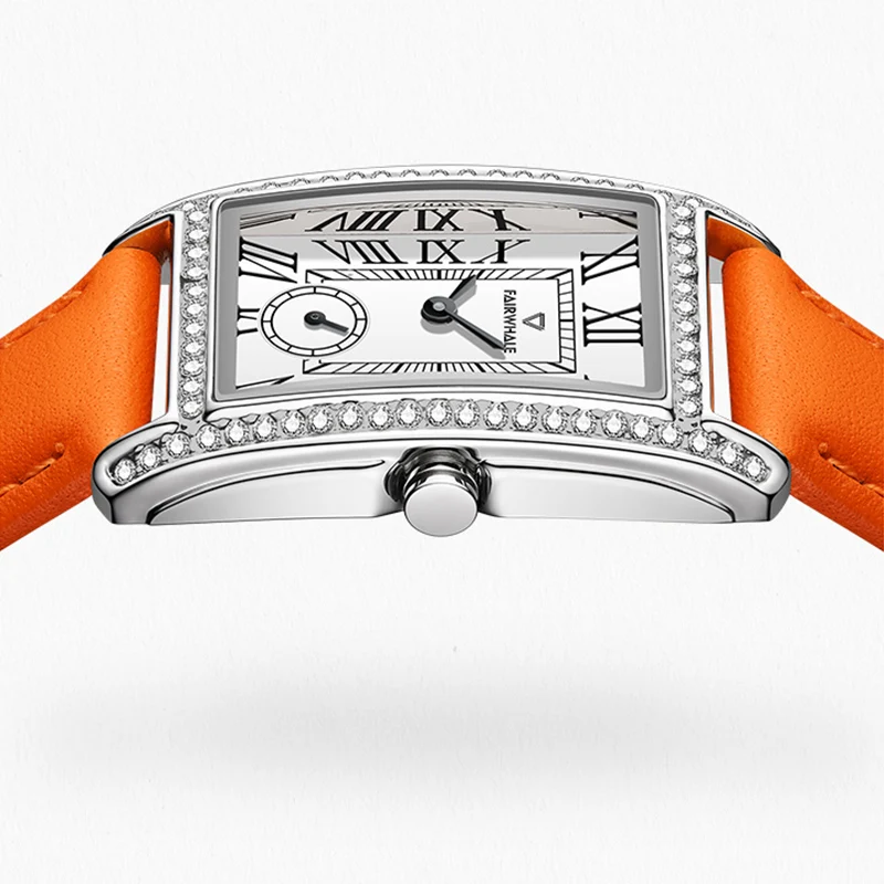 MARK FAIRWHALE Women's Quartz Watch FW-3430 Rectangle Diamond Bezel Small Subdial Soft Leather Strap Ladies Wristwatch