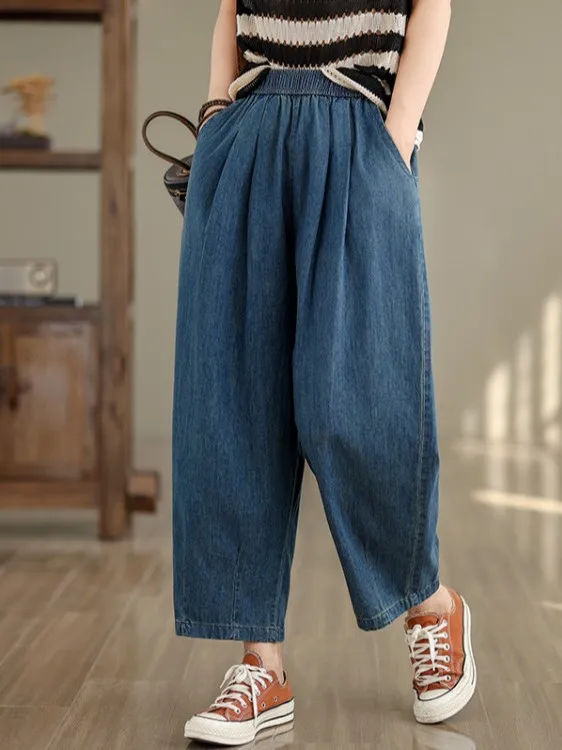 

Джинсы со свободной талией в стиле ретро, женские летние универсальные брюки с девятью точками, брюки Old Dad, синяя джинсовая ткань с высокой талией JJ33