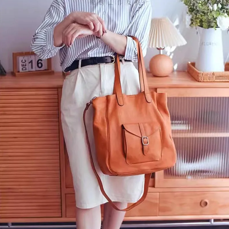 Vintage designer handmade natural genuine leather women's  large capacity tote bag outdoor daily shopping cowhide shoulder bag