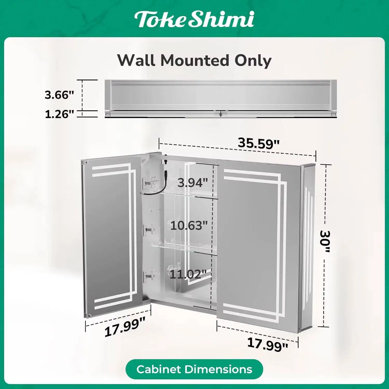 خزانة طبية بمرآة 36 × 30 LED من TokeShimi مع إزالة الضباب، خزانة أدوية مضاءة بثلاثة ألوان، خافتة بدون خطوات، CRI