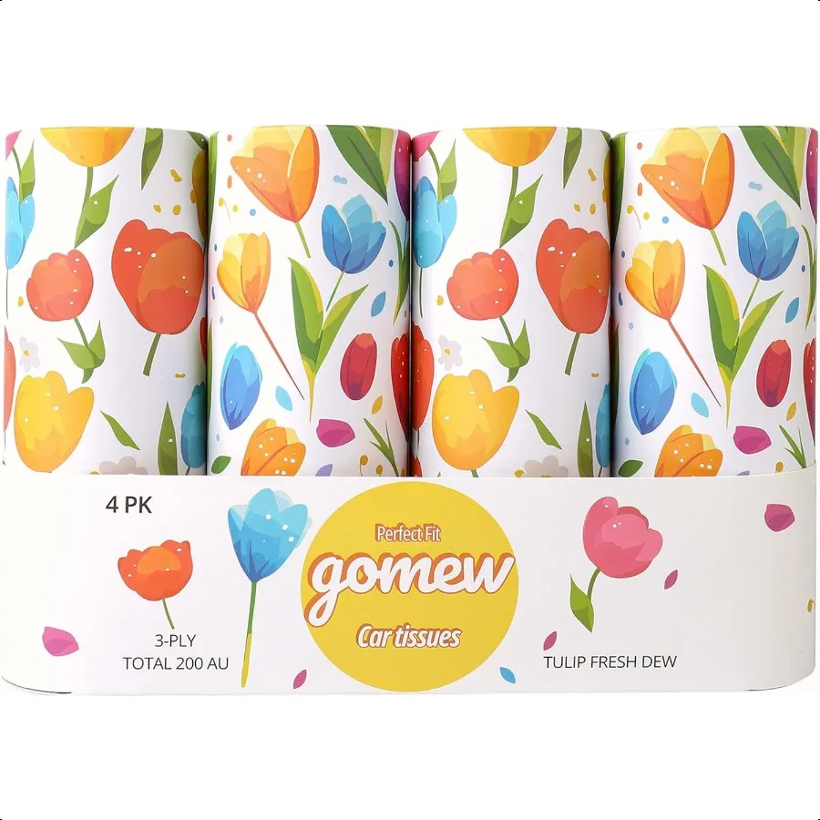 

Car Tissue Holder 4 PK 50 3Ply Tissues per Cylinder Fits Car Cup Holders Portable Travel Tubes Box Container Tulip Design Round