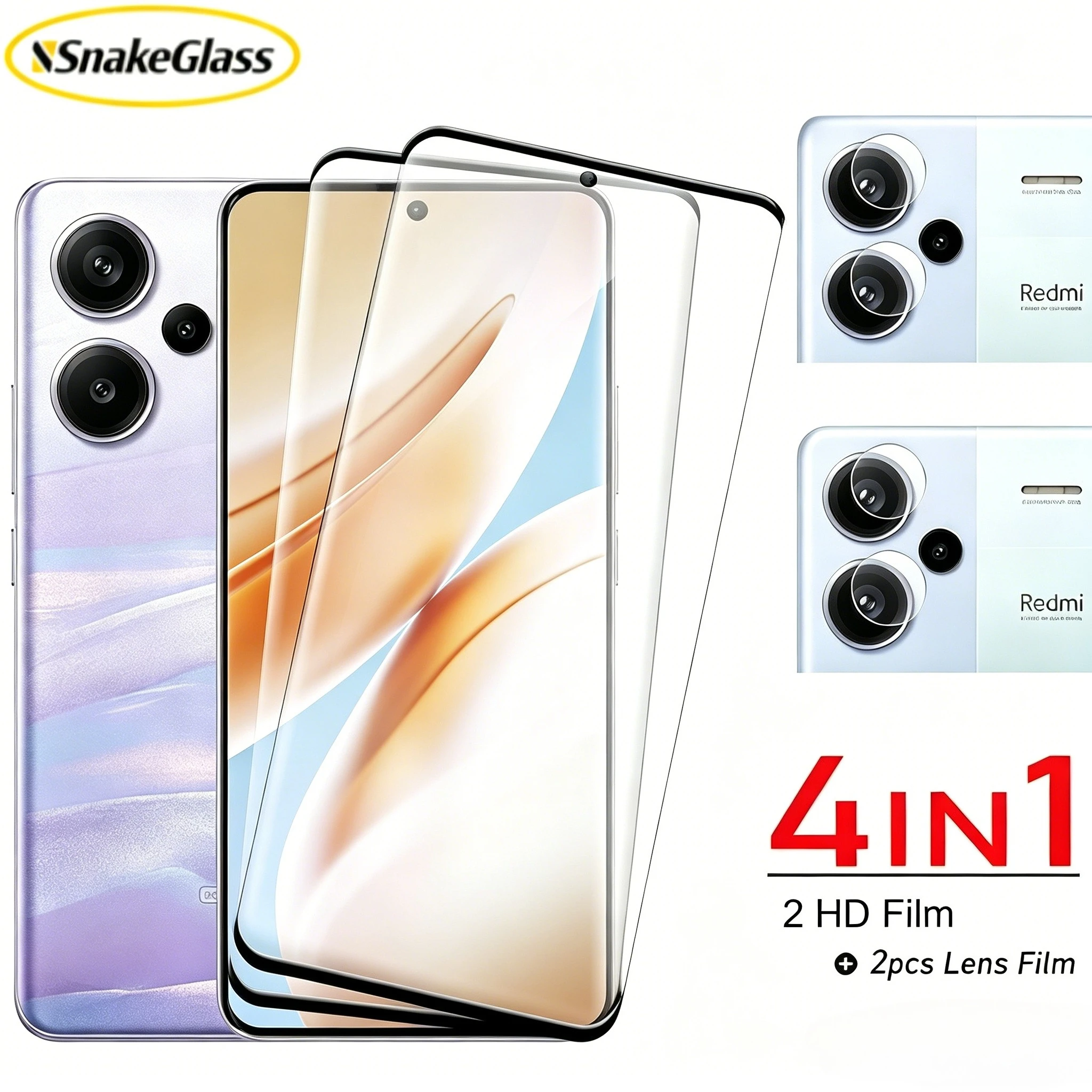 4-in-1 Hochauflösendes Panzerglas für Xiaomi Redmi Note 15 13 14 Pro Plus 12 11 10 Pro Displayschutzfolie Vorderseite + Objektivschutzfolie