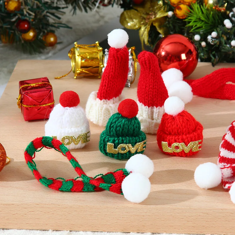 10/5 Stück Mini-Strickmütze, Mini-Weihnachtsschal-Set, Stricken, Basteln, Weihnachtsmützen, dekorative handgefertigte DIY-Basteldekoration – Detail 3