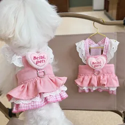 Cute Pet Love Lace Dog Clothes Denim Traction Skirt Puppy Dresses Thin Princess Dog Skirt Dog Chest and Back Clothes Breathable