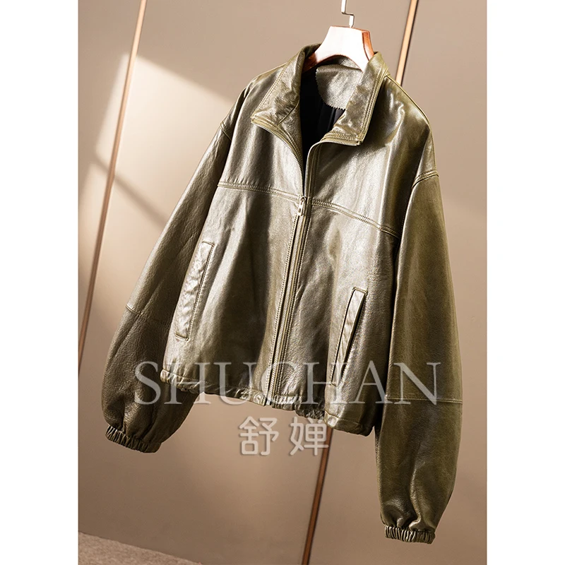 Lusso di qualità, giacca in pelle con colletto rialzato in pelle di pecora modello Illy Lychee da donna 84B1 Giacca in vera pelle da donna