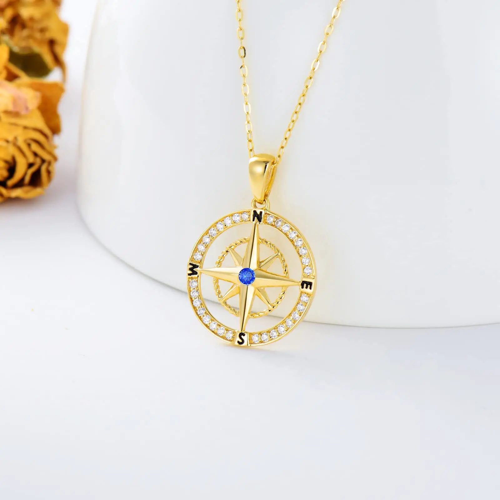 YFN 14K Real Gold Compass Pendant Necklace for Women Yellow Gold Small Compass Necklace Zirconia Fine Jewelry Birthday Present