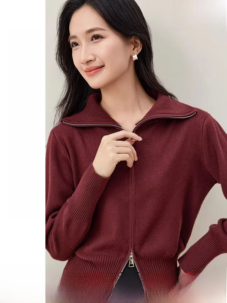 

Red Knitted Cardigan Women's Spring Commute Casual Slimming Top Zipper Closure Long Sleeve Regular Fit Fashionable Outerwear