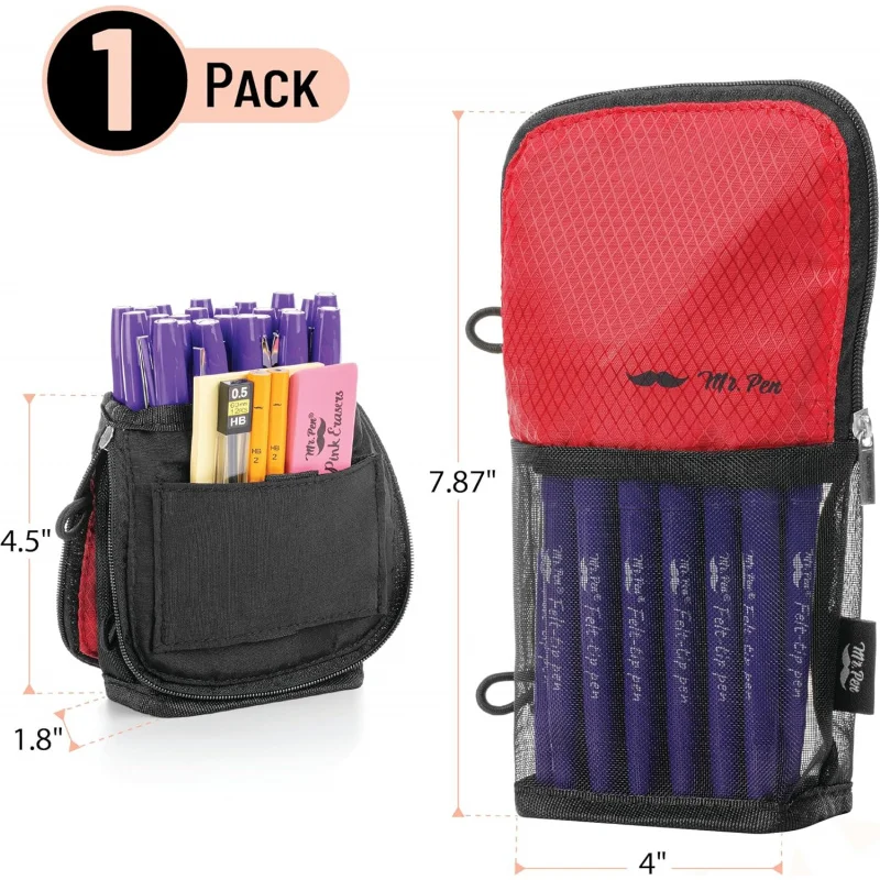 Standing Pencil Pouch, Sit & Lay Mesh-View Design, Black & Red, Interior Pocket & 2 Elastic Binder Loops, Cute Pencil