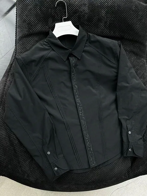 

Black Long Sleeve Embroidered Shirt Men's Spring Season Unique Design Chinese Court Style Eternal Flower Men's Fashion Top