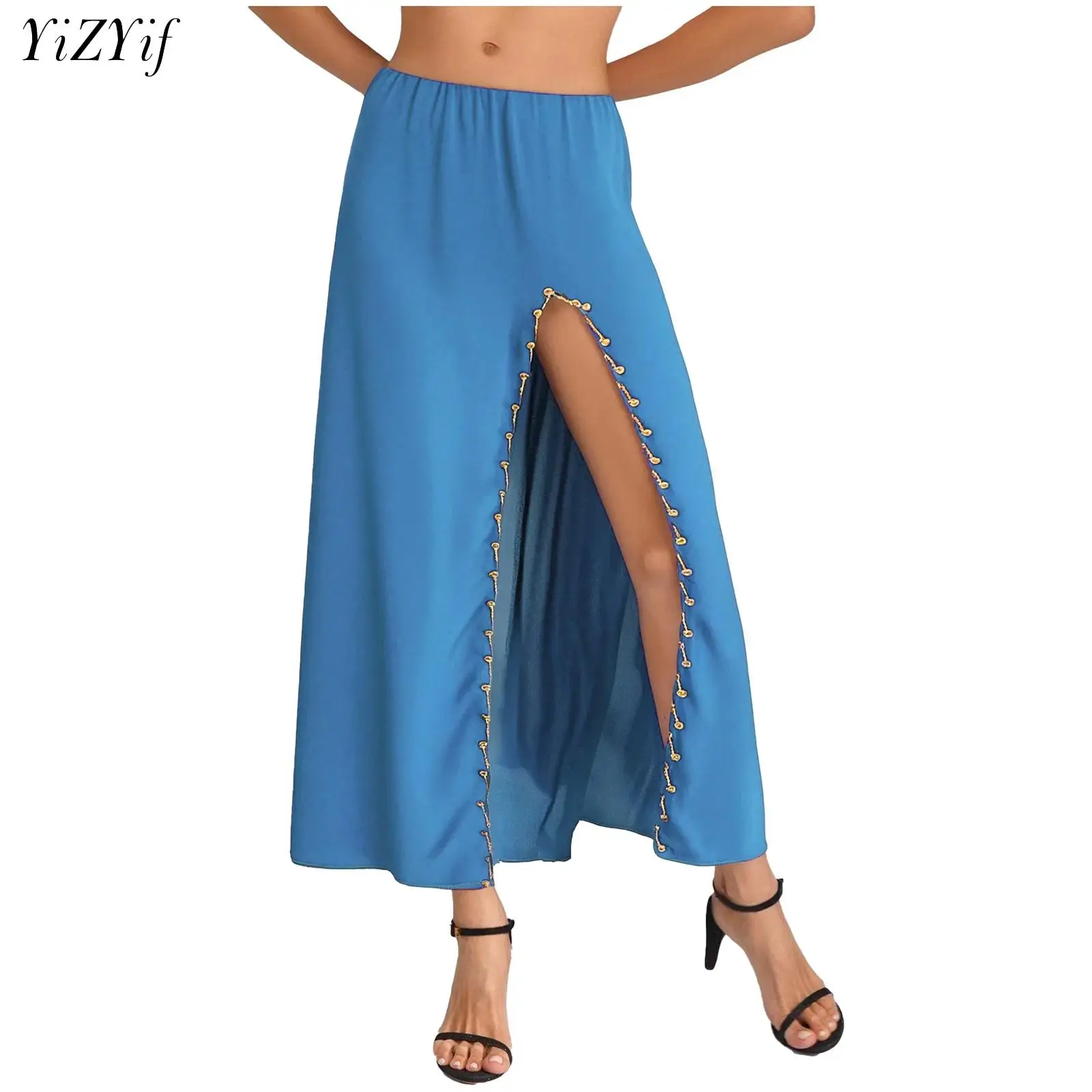 Vrouwen Buikdans Maxi Rok Elastische Taille Zijsplit Plastic Kralen Trim Dansen Rokken Carnaval India Etnische Buikdans Kostuum
