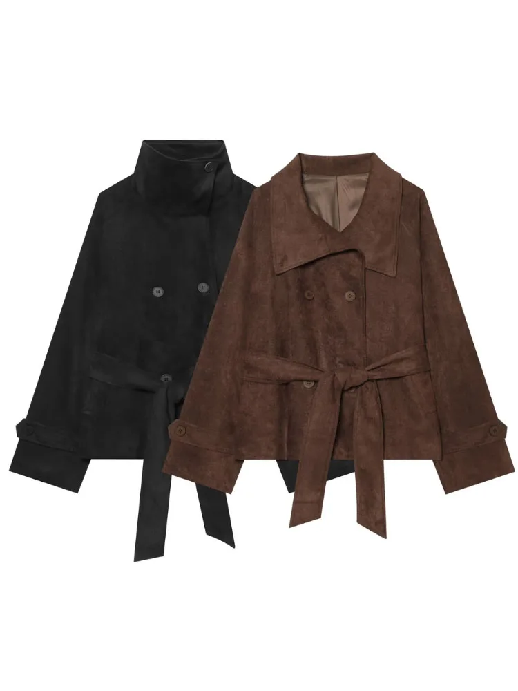 HH Commuter Brown Black Faux Suede Cropped Jacket Women Fall Wide Lapel Double Breasted Belted Waist Versatile Chic Comfy Jacket