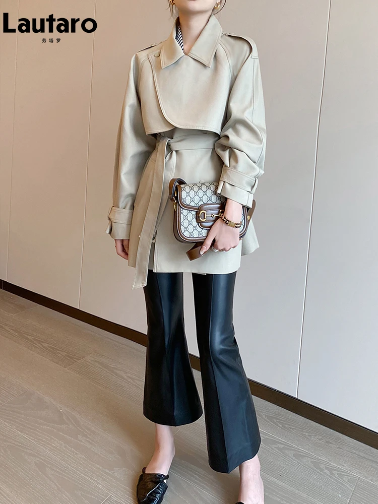 Lautaro Spring Autumn Elegant Chic Trench Coat for Women with Raglan Sleeve Belt Double Breasted Luxury Designer Clothes 2023