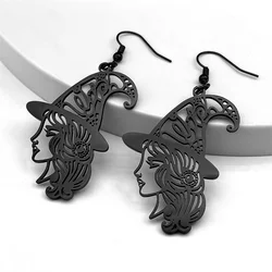 Witch Girl Hat Flower Drop Earring for Women Stainless Steel Black Silver Color Hollow Wicca Halloween Earrings Jewelry