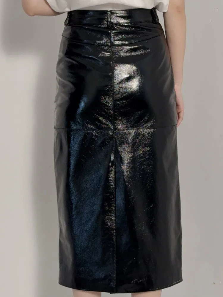 Concise Style Solid Color High Waist Genuine Leather Straight Skirt Slim Button Pocket Sheepskin Over Knee Ladies Skirts