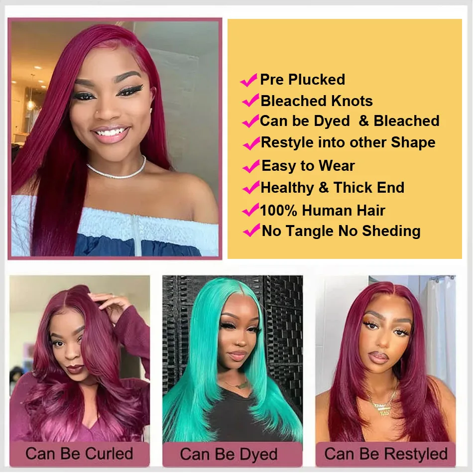 Burgundy Lace Front Wig Straight Human Hair 13x4 Lace Frontal Wig Pre Plucked 13x6 HD Transparent Lace Frontal Wig Ossilee