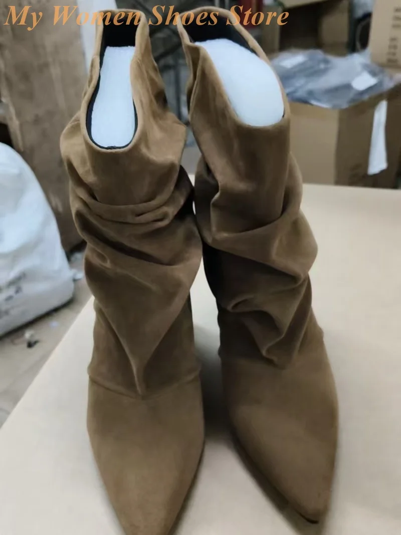 مترهل الجلد المدبوغ البني الكاحل الجوارب مثير مدبب تو خنجر رقيقة عالية الكعب الانزلاق على المدرج 2026 الشتاء الخريف النساء فستان أحذية