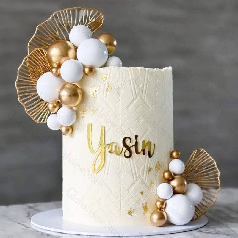 Goldene Blätter, cremeweißgoldene Kugel-Kuchenaufsätze, Boho, einfache Kuchendekoration für Hochzeit, Geburtstag, Party, Dekoration, Babyparty