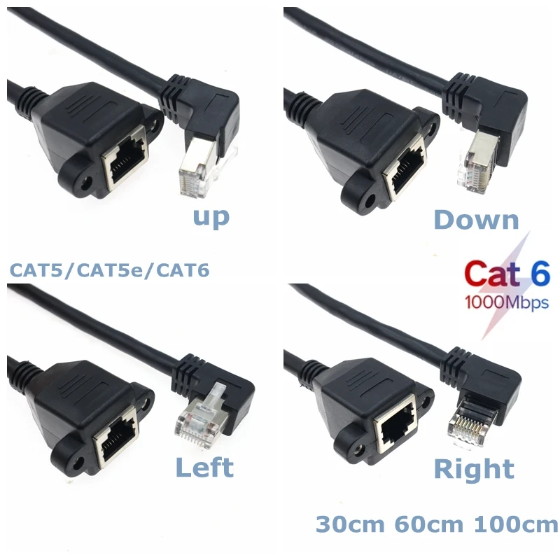 8 Pin RJ45 Male to Female Panel with Screw Hole,Gigabit LAN Ethernet Network CAT5 CAT6,90 Degree Right Angle Extension Cable