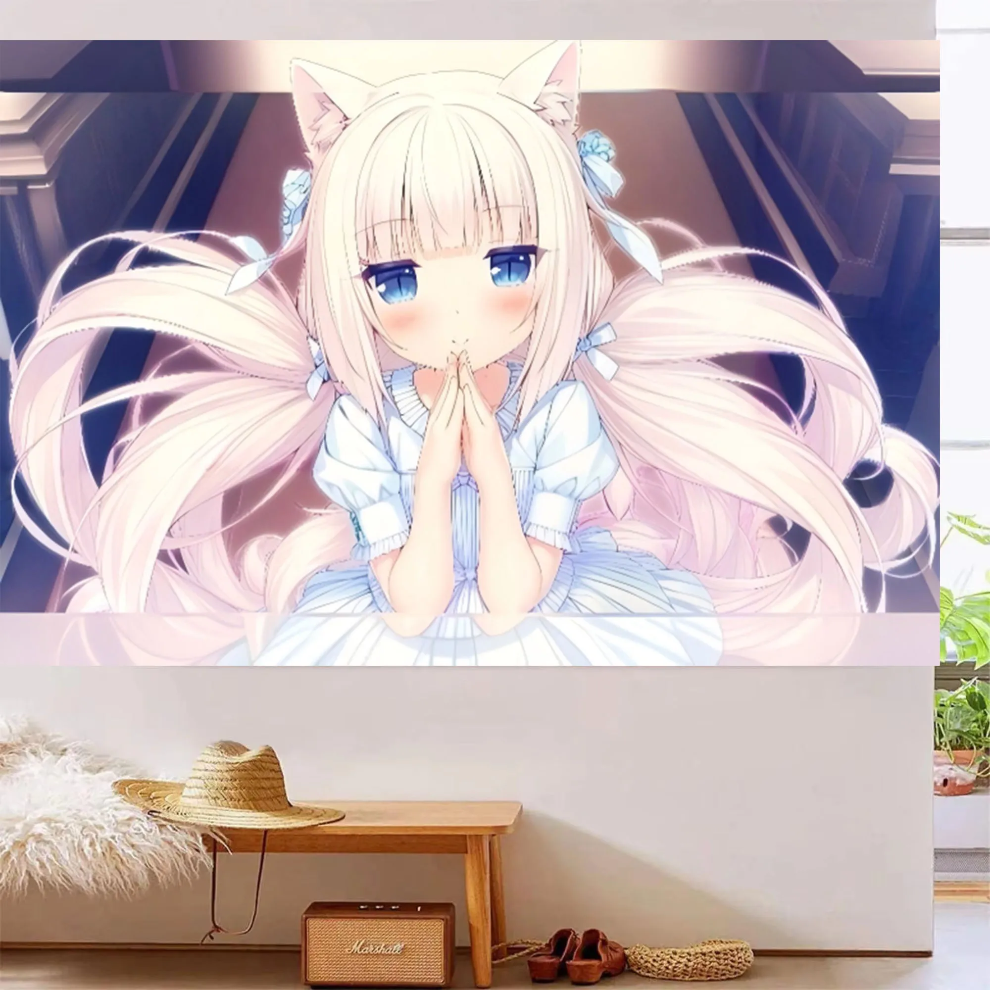 1pc N-Nekopara V-Vanilla Cat Girl Tapestry Blue Bows Maid Print Pastel Ideal for Bedroom Living Room College Dorm Home Wall