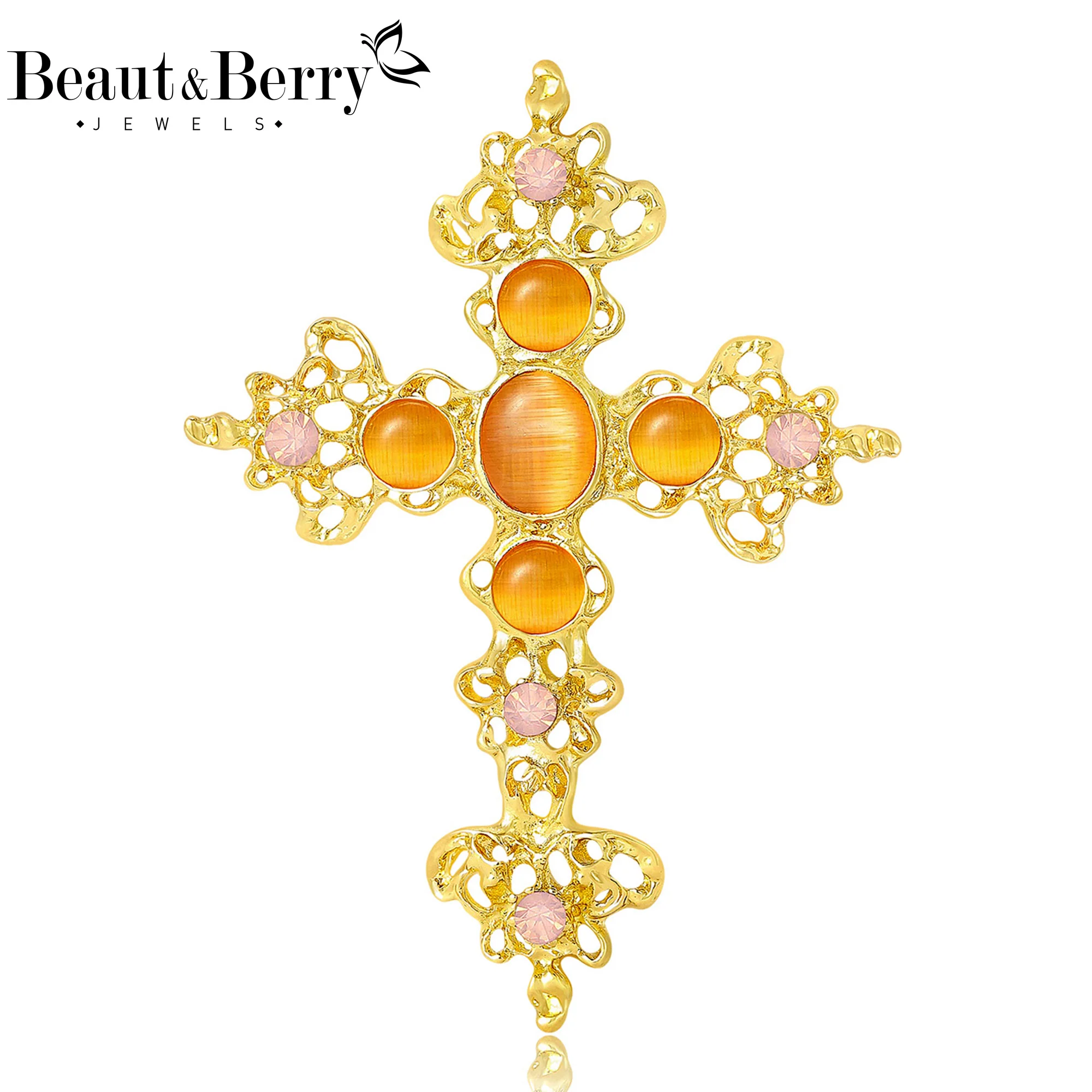 Beaut&Berry Luxury Openwork Cross Brooches for Women Unisex Creative Pins Casual Party Accessories Gifts Friends Decoration