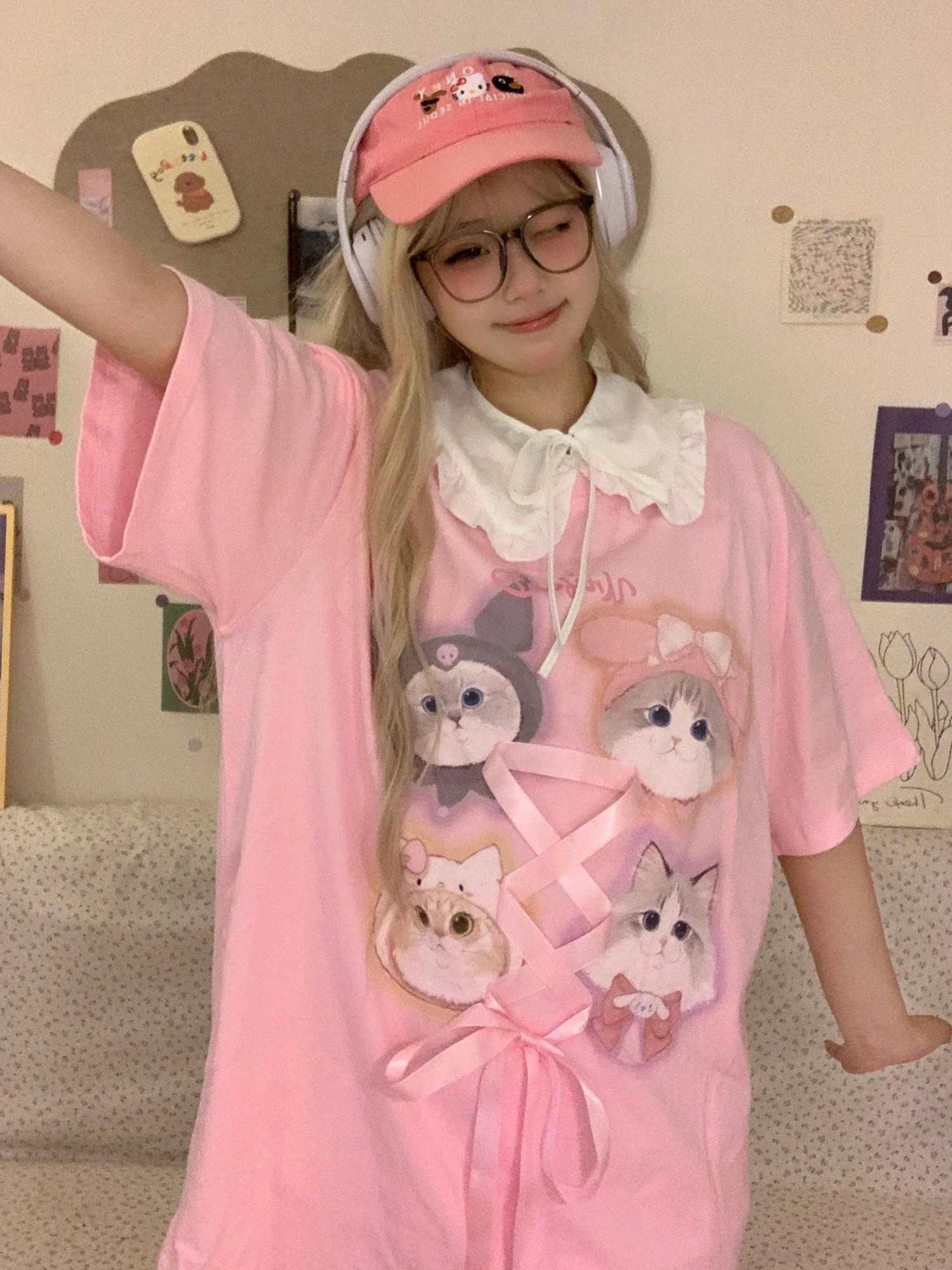 Graphic Cat Print Cute T-Shirt with Ribbon Bow Lace Up Oversized T Shirt Top harajuku fairycore y2k grunge goth aesthetic korean