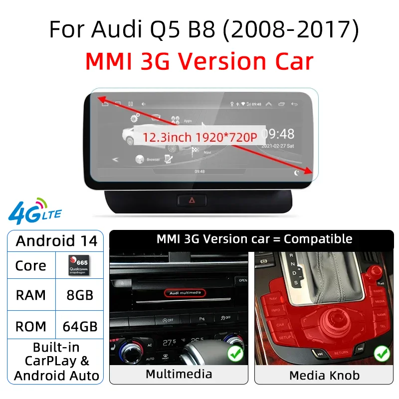 12,3 Android 14 System Auto Radio Stereo Für Audi Q5 8R 2008-2017 WiFi 4G LTE 8 + 128GB CarPlay BT IPS Touchscreen GPS