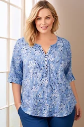 Flycurvy Plus Size Everyday Blue Ditsy Floral Print Split Neck Half Sleeve Blouse