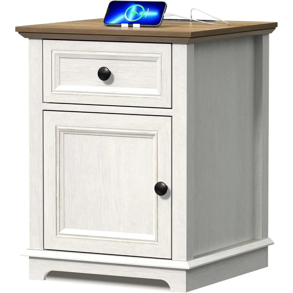 

End Table with Charging Station, Fast Charge, End Table with Drawer, Big Storage Side Table for Living Room/Bedroom, White
