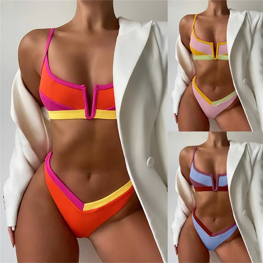 Conjunto de Bikini brasileño con Push-Up y escote en V para mujer, traje de baño Sexy con bloque de colores, ropa de playa Vintage