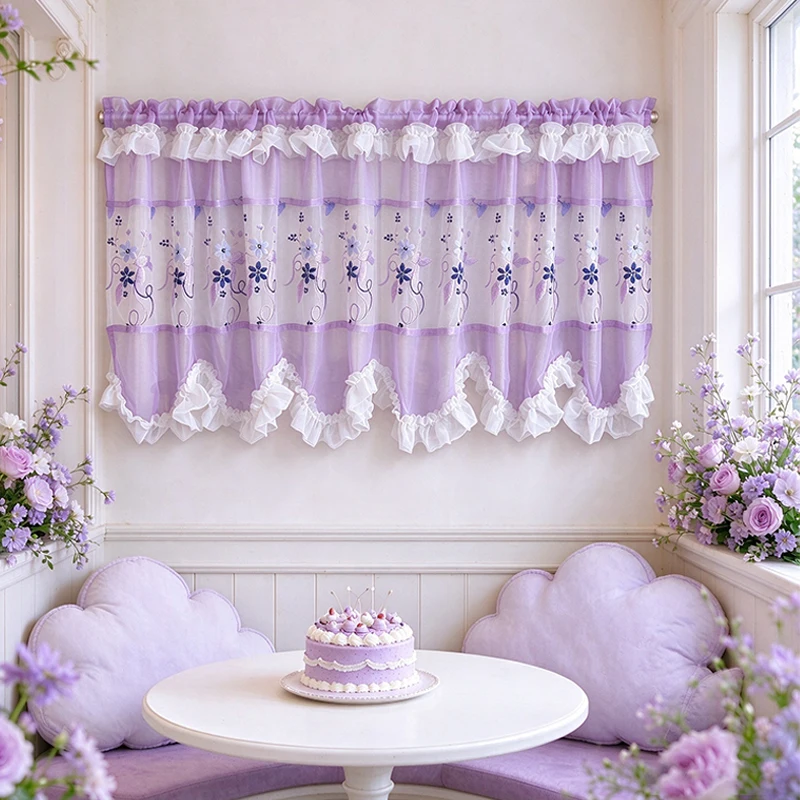 1pc French Terylene Lilac Embroidered Cafe Curtain, Purple Blue Botanical Spliced Sheer, Ruffled Scalloped Rod Pocket Valance