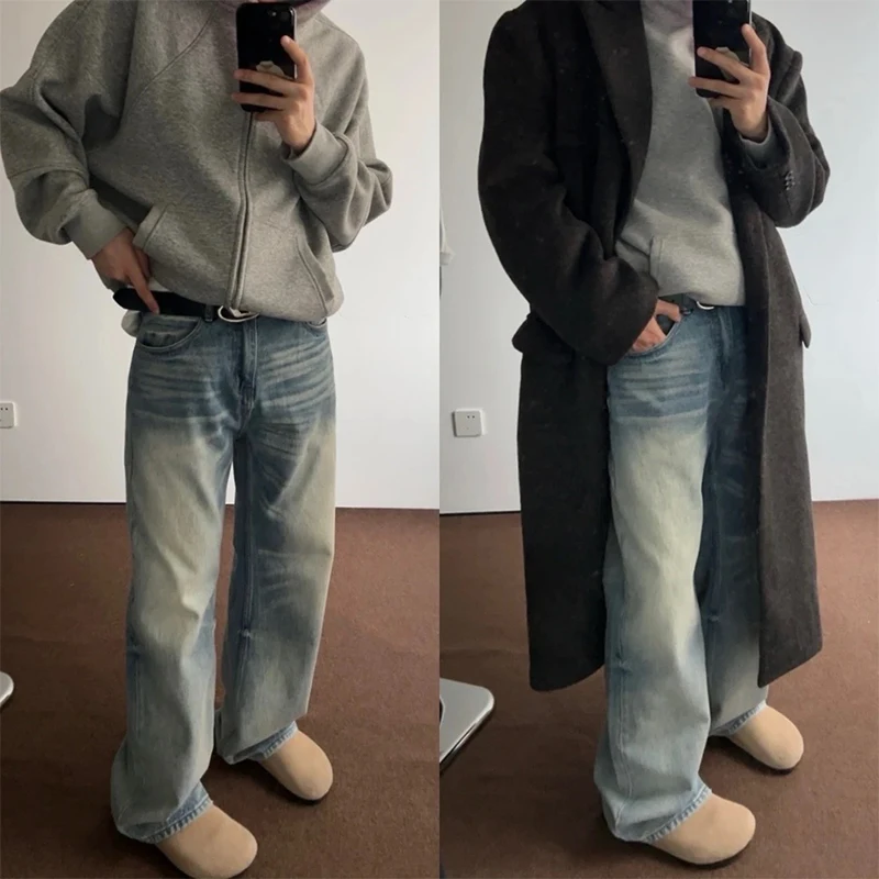 

Retro American Blue Jeans Men's Winter High Street Vibe Straight Leg Micro Flared Pants Youthful Wear Resistant Denim
