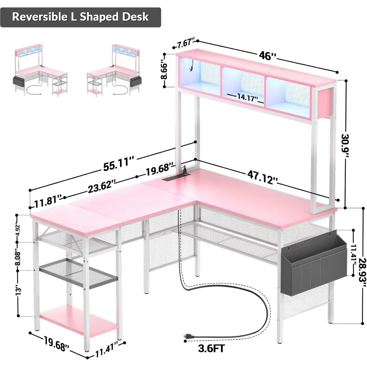 Mesa do computador em forma de L com tira LED e Tomadas, mesa de canto reversível, prateleiras de armazenamento e saco