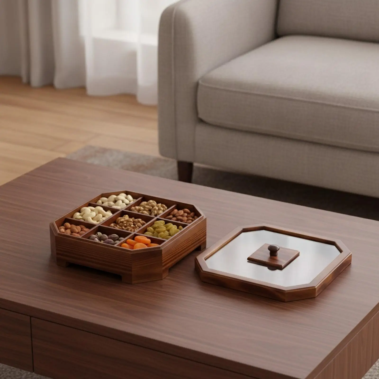 Pine Wood Snack Container with Internal Dividers and Glass Lid for Home Kitchen Tabletop Use