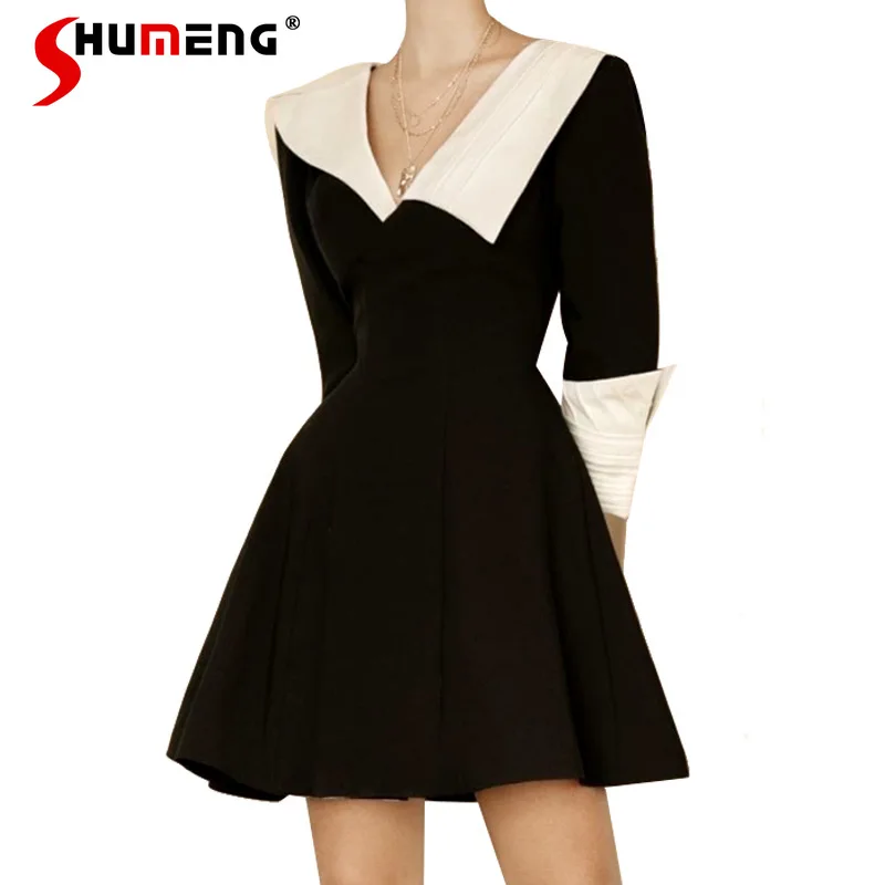 

2023 Autumn Winter Dress Lux Hepburn Style Dinner Suit Black White Contrast Color V-neck Slimming Long Sleeve Vestidos De Mujer