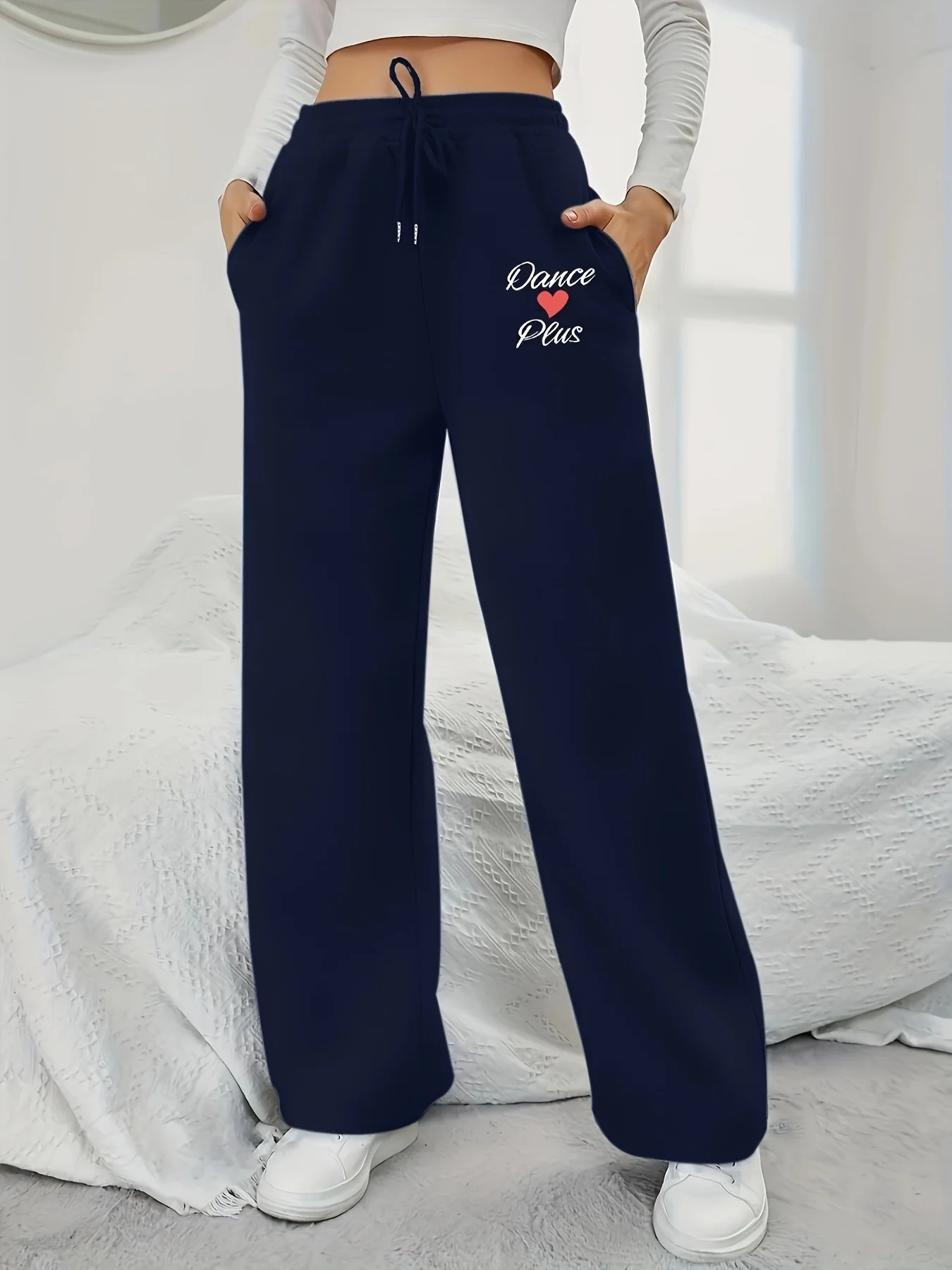 المرأة الخريف والشتاء حجم كبير طباعة القلب فضفاض مستقيم الصوف الساق Sweatpants حزام مطاط الشارع الشهير تنوعا