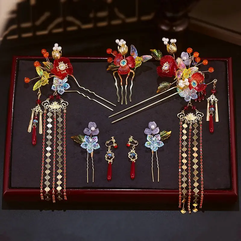 Bride Xiuhe Headdress Chinese Retro Colored Glaze Flower Hairpin High-end Dragon and Phoenix Jacket Hair Accessories New Style