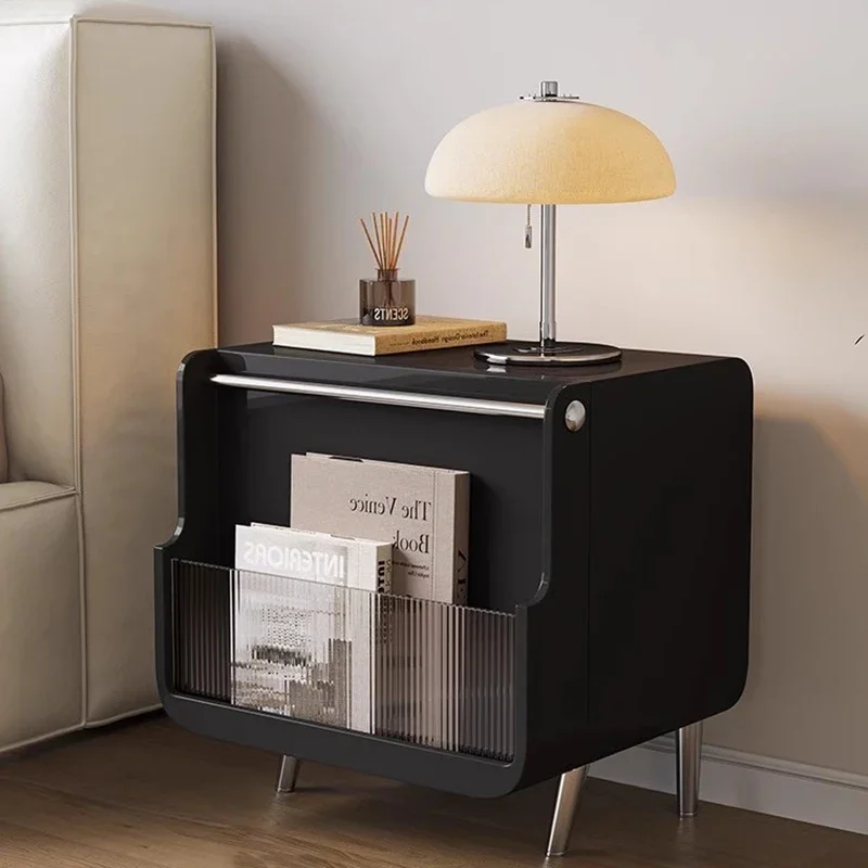 Wood Drawers Mid Century Aesthetic Nightstand Hidden Storage Luxury Black Night Table Trendy Mesitas De Noche Bedroom Furniture