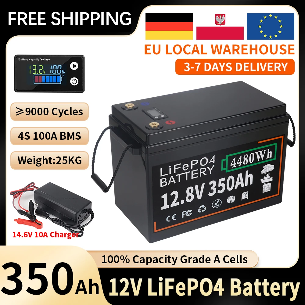 DUHE Batterie LiFePo4 12V, 600ah, 350ah, 300ah, 200ah, 100ah, 12.8V, BMS intégré, cellule au Lithium fer Phosphate, 6000 Cycles pour voiturette de Golf solaire 9