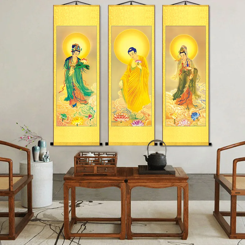 High Definition Western Three Saints Buddha Statue, Exquisite Religious Feng Shui Silk Decoration Scroll Hanging Painting, Gift