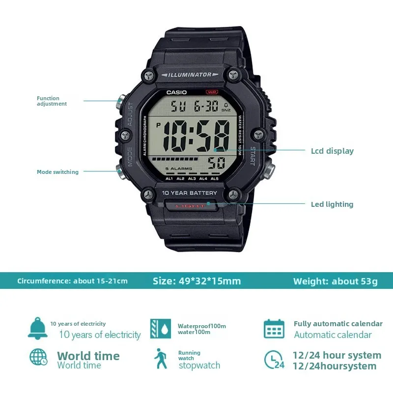 Reloj Digital Casio AE-1600H de Alta Resistencia, Batería de 10 Años, Resistente al Agua 100M, Pantalla LCD Grande, Hora Dual, 5 Alarmas para Uso Diario en Exteriores