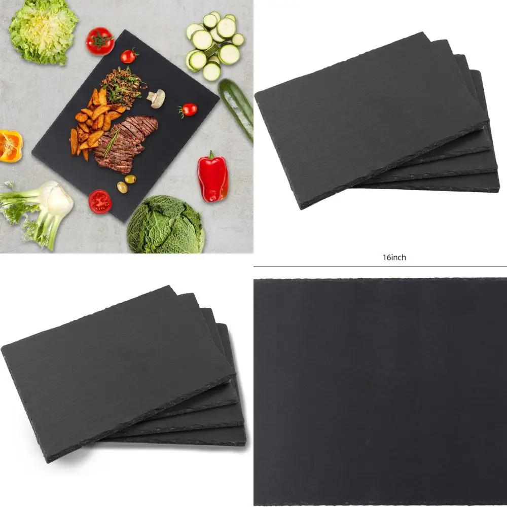 

Set of 4 16x12 Inch Black Slate Serving Platters with Natural Edges for Appetizers, Desserts, and Parties