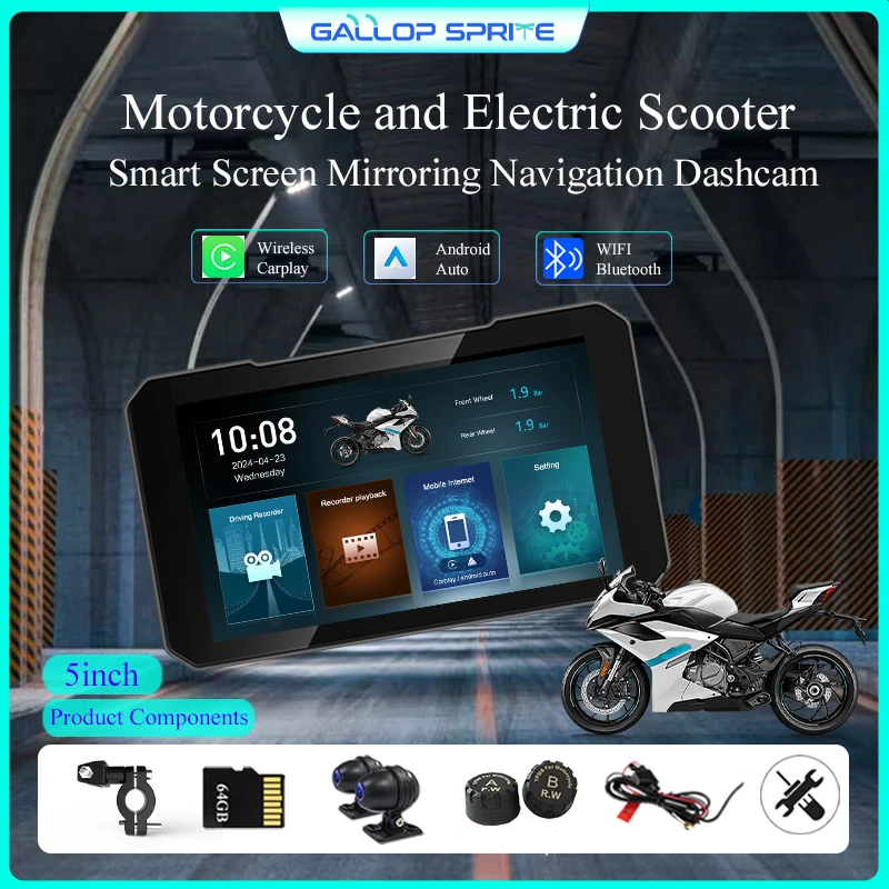 

GallopSprite Carplay Мотоцикл Дисплей Экран GPS-навигация Беспроводной Carplay Android Авто DVR Дигистратор Мото Монитор IPX7