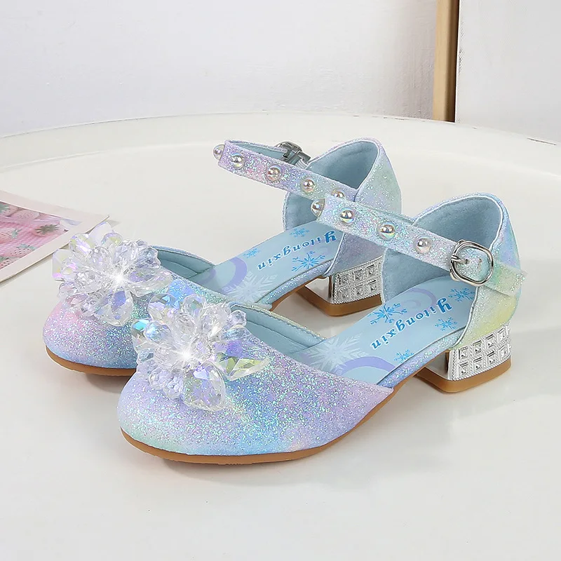Girls Sequin Shoes Crystal Flowers Children's High-heels Princess Shoes Mary Jane Kids Sandals Summer Baotou Wedding Party Shoes